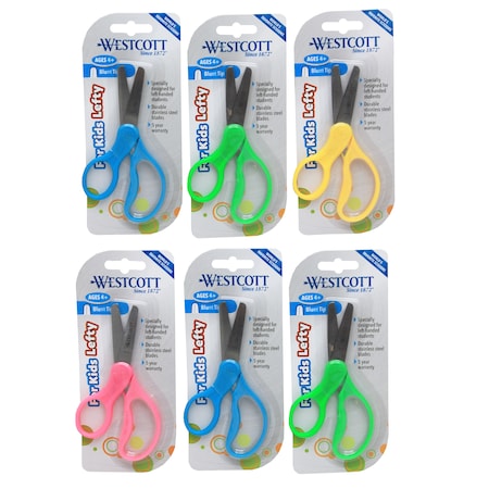 Westcott Left-Handed Kids School Scissors, 5" Blunt, Assort Colors, PK6 13594